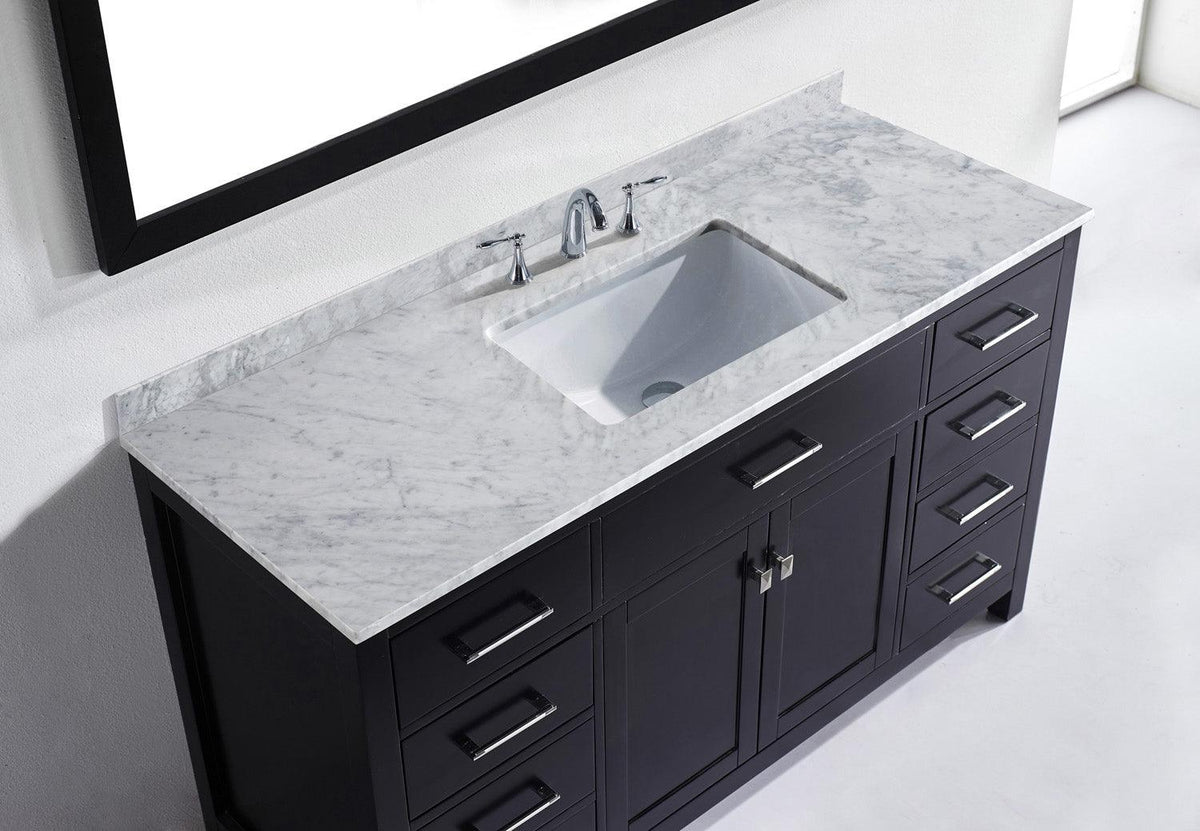 MS-2060-WMSQ-ES Espresso Caroline 60" Single Bath Vanity Set with Italian Carrara White Marble Top & Rectangular Centered Basin, Mirror up
