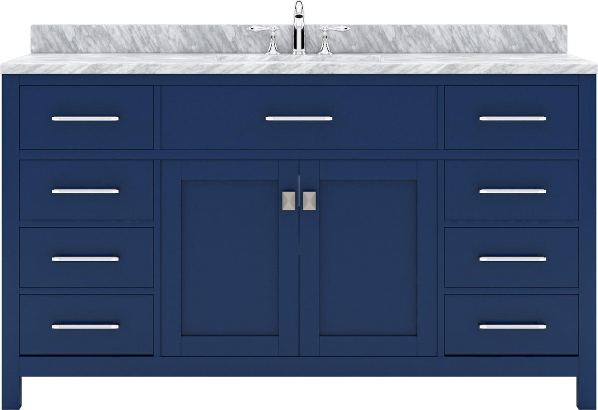MS-2060-WMSQ-FB Blue Caroline 60" Single Bath Vanity Set with Italian Carrara White Marble Top & Rectangular Centered Basin