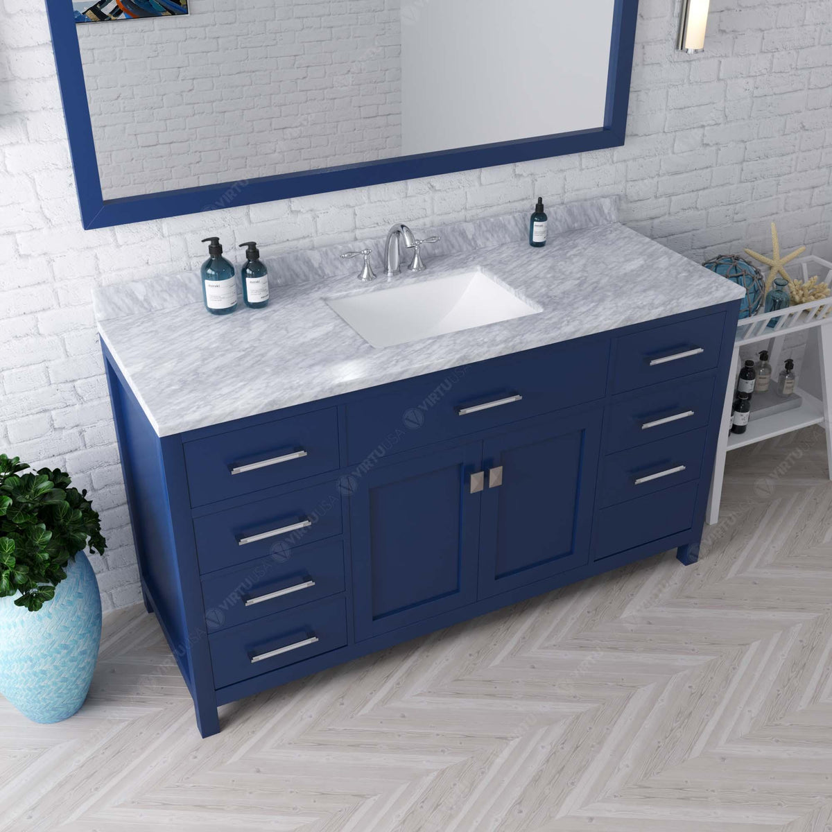 MS-2060-WMSQ-FB Blue Caroline 60" Single Bath Vanity Set with Italian Carrara White Marble Top & Rectangular Centered Basin, Mirror up