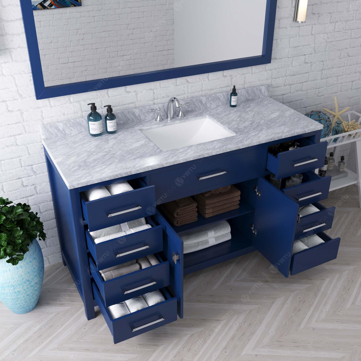 MS-2060-WMSQ-FB Blue Caroline 60" Single Bath Vanity Set with Italian Carrara White Marble Top & Rectangular Centered Basin, Mirror open