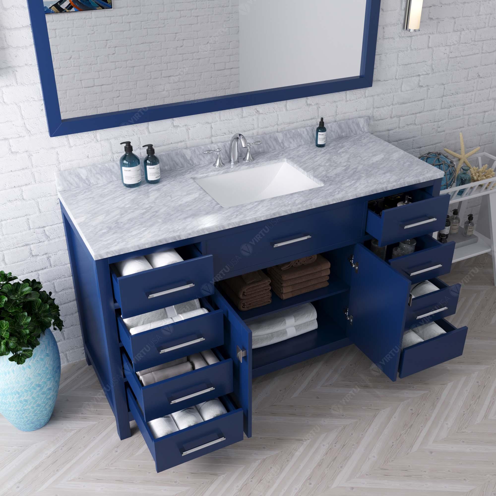 MS-2060-WMSQ-FB Blue Caroline 60" Single Bath Vanity Set with Italian Carrara White Marble Top & Rectangular Centered Basin, Mirror open