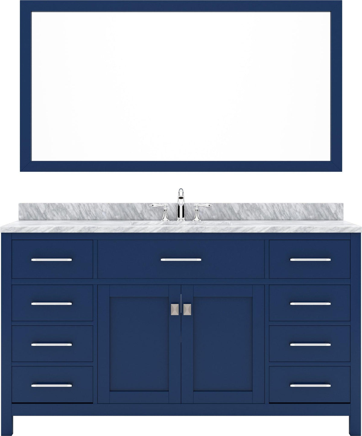 MS-2060-WMSQ-FB Blue Caroline 60" Single Bath Vanity Set with Italian Carrara White Marble Top & Rectangular Centered Basin, Mirror