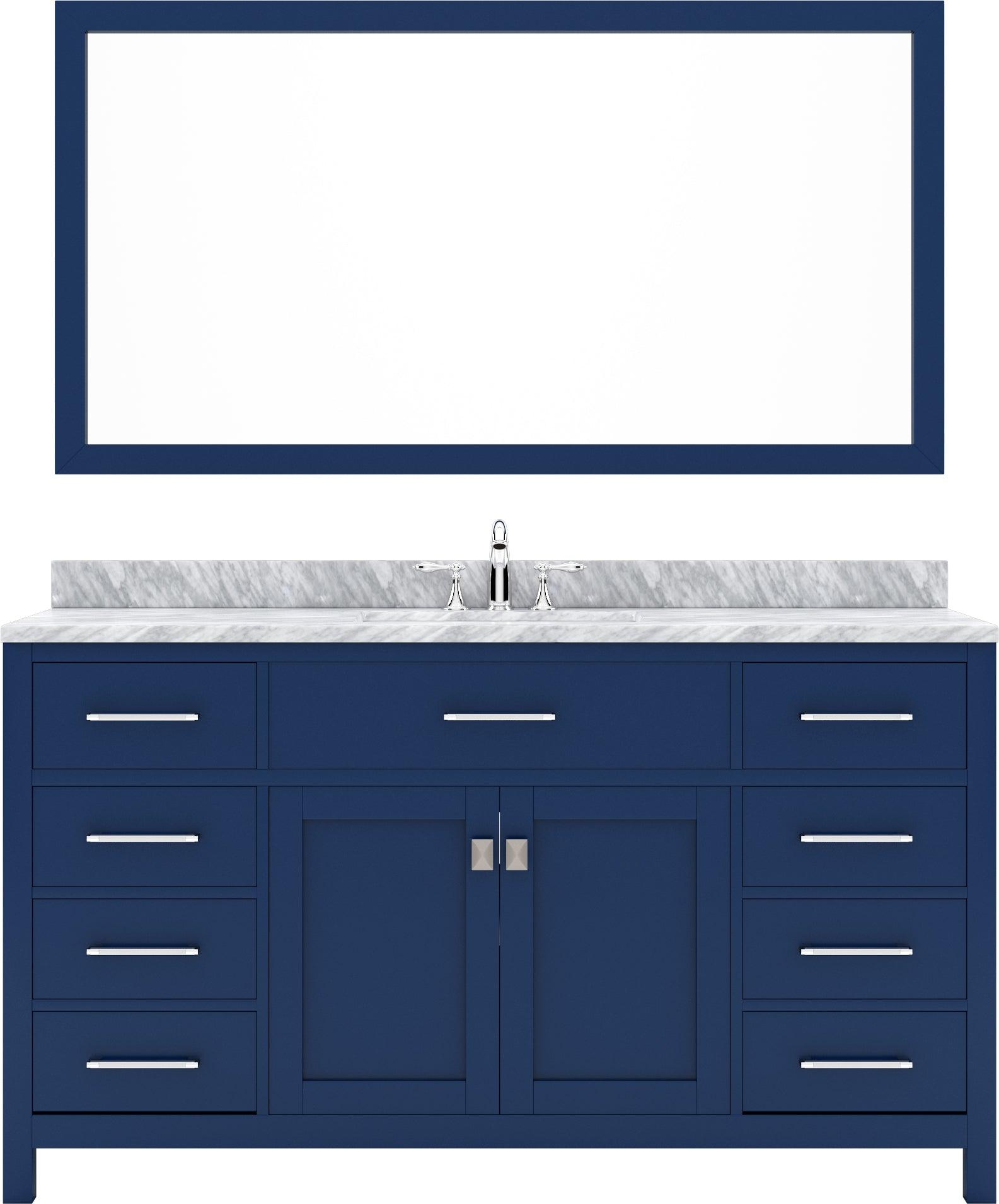MS-2060-WMSQ-FB Blue Caroline 60" Single Bath Vanity Set with Italian Carrara White Marble Top & Rectangular Centered Basin, Mirror