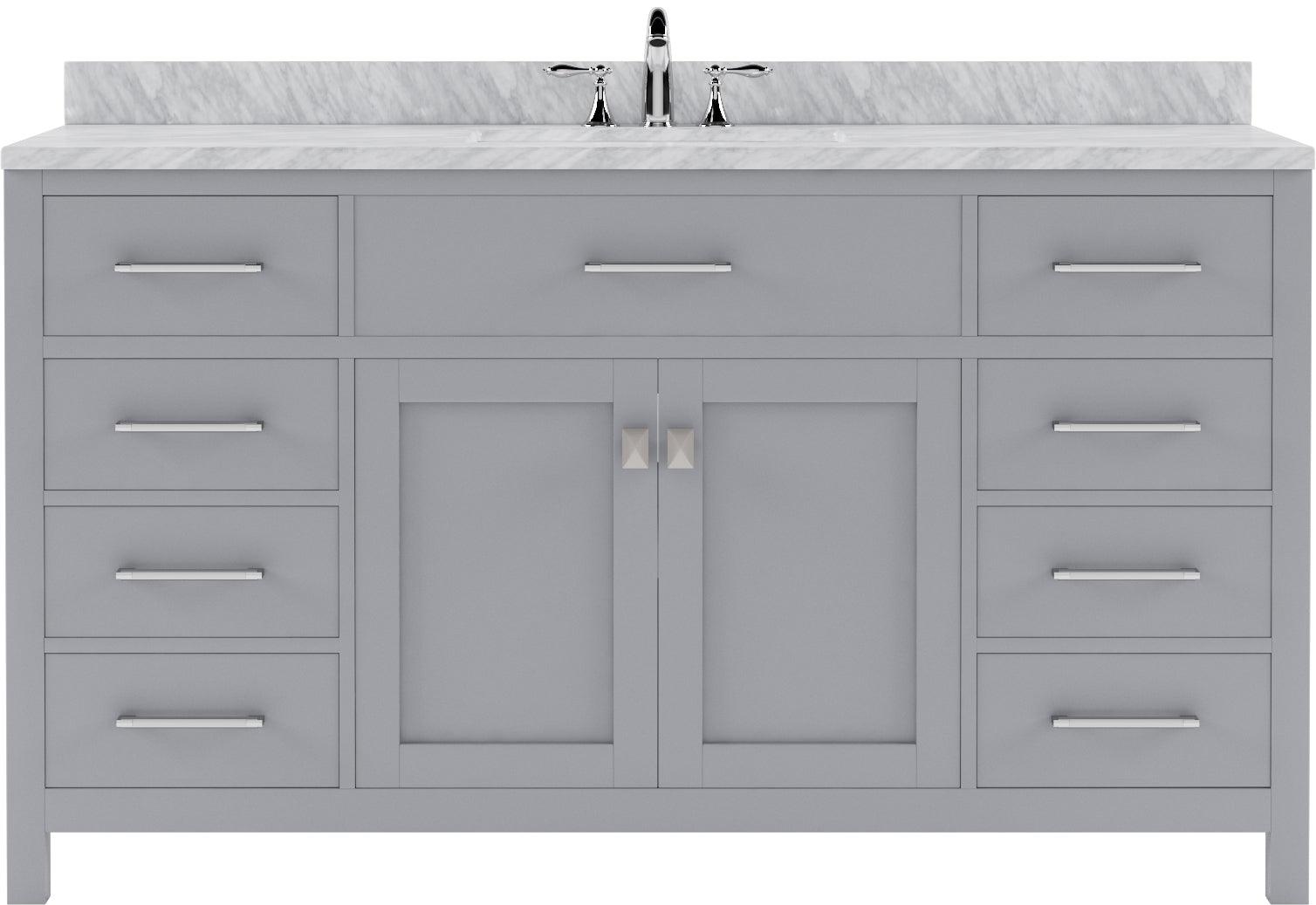 MS-2060-WMSQ-GR Gray Caroline 60" Single Bath Vanity Set with Italian Carrara White Marble Top & Rectangular Centered Basin