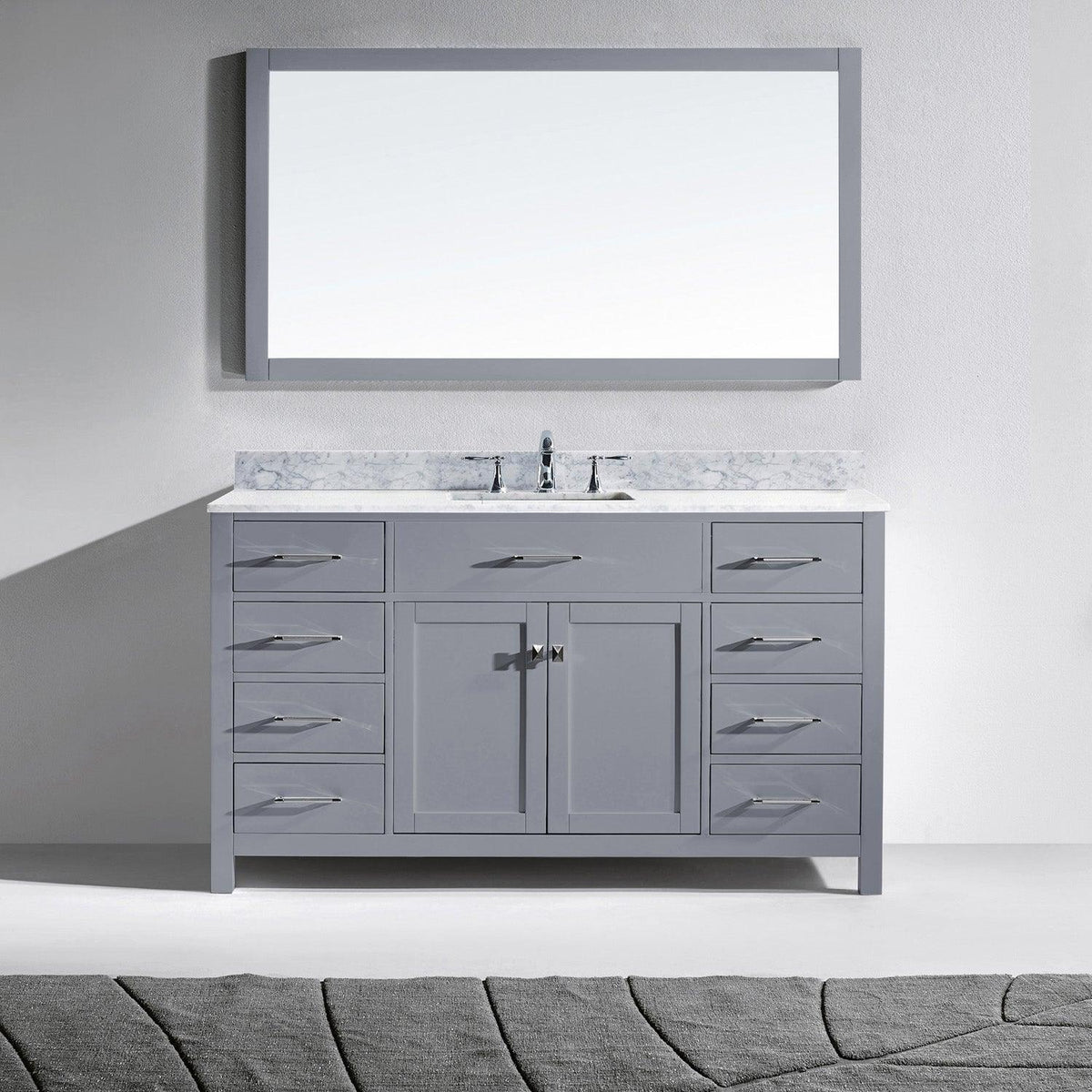 MS-2060-WMSQ-GR Gray Caroline 60" Single Bath Vanity Set with Italian Carrara White Marble Top & Rectangular Centered Basin, Mirror