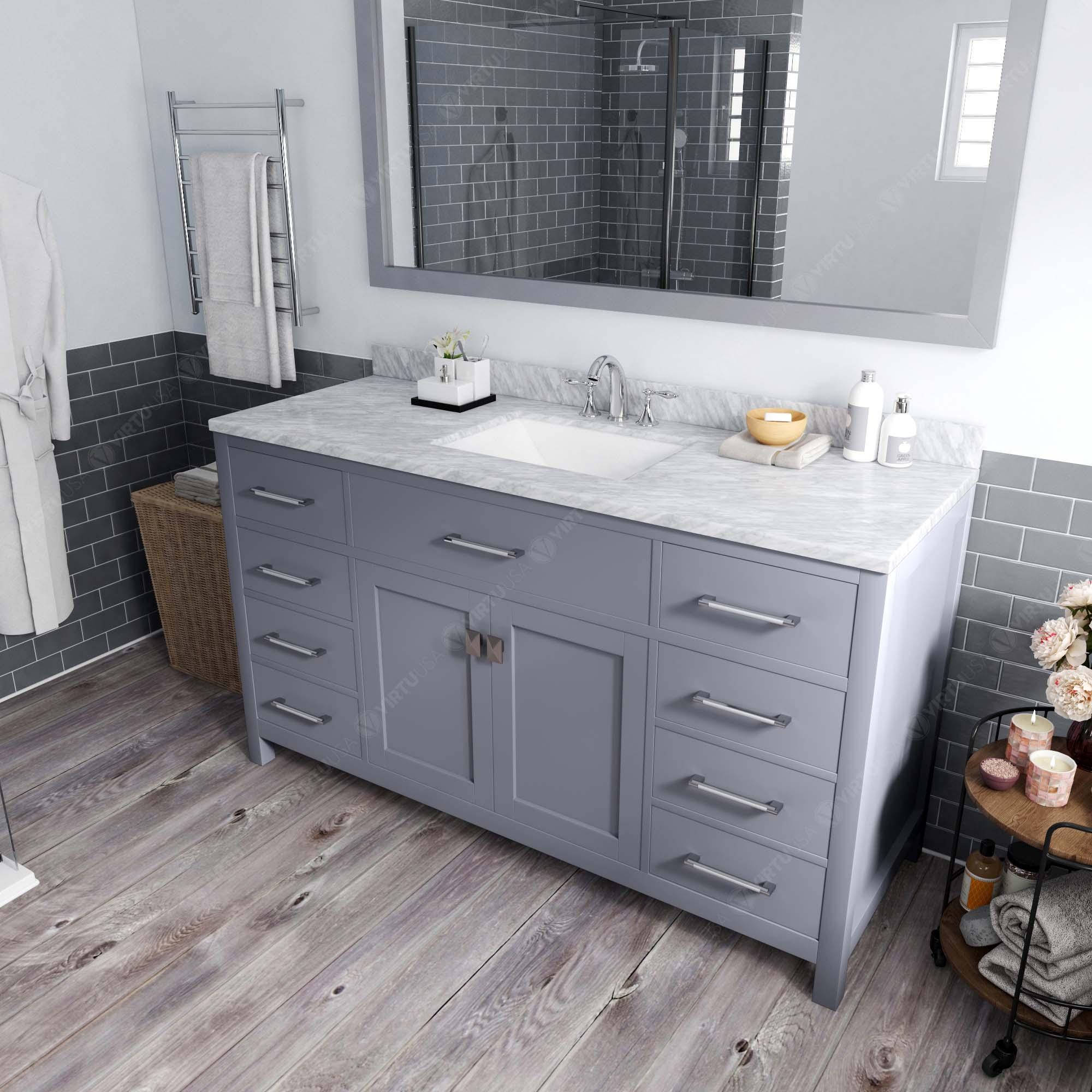MS-2060-WMSQ-GR Gray Caroline 60" Single Bath Vanity Set with Italian Carrara White Marble Top & Rectangular Centered Basin, Mirror side