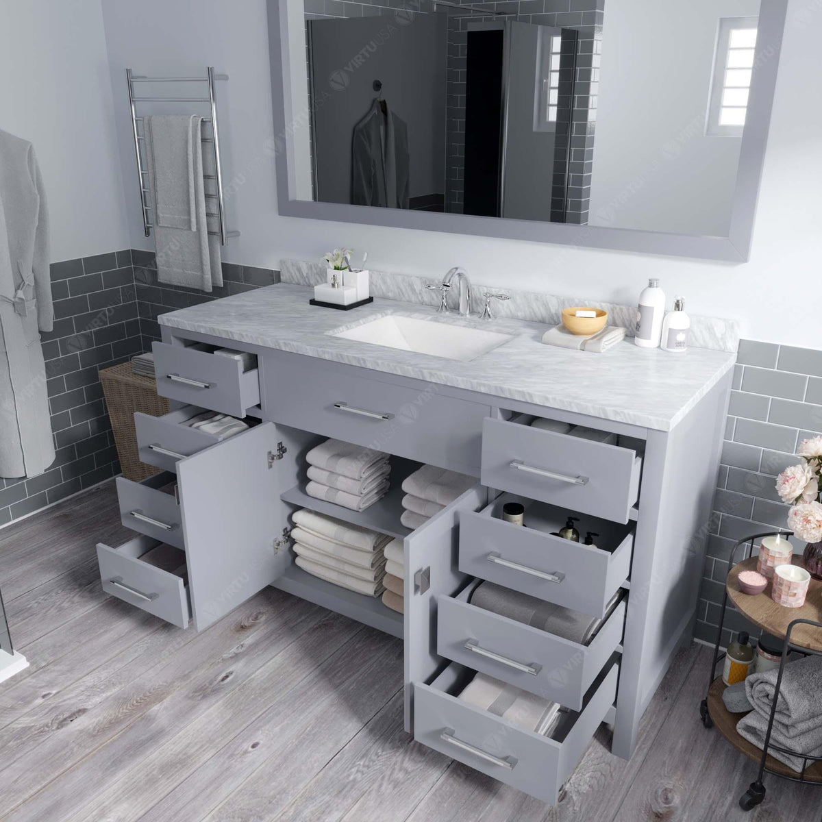 MS-2060-WMSQ-GR Gray Caroline 60" Single Bath Vanity Set with Italian Carrara White Marble Top & Rectangular Centered Basin, Mirror open