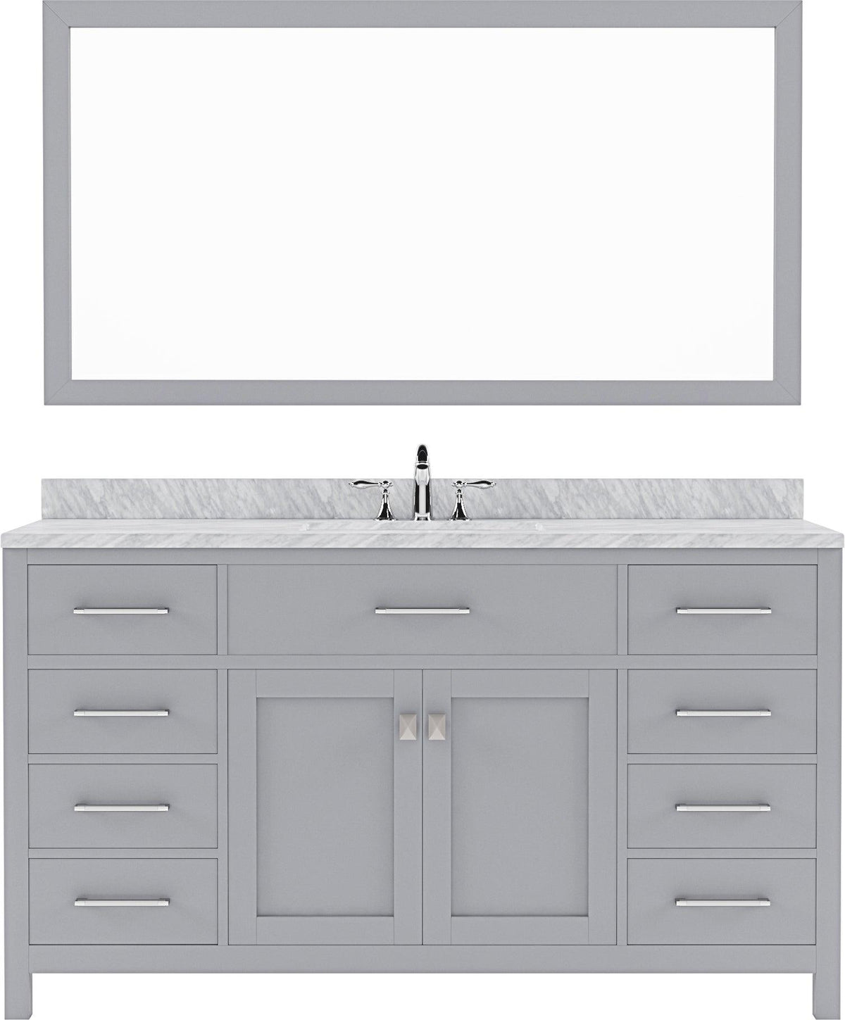 MS-2060-WMSQ-GR Gray Caroline 60" Single Bath Vanity Set with Italian Carrara White Marble Top & Rectangular Centered Basin, Mirror