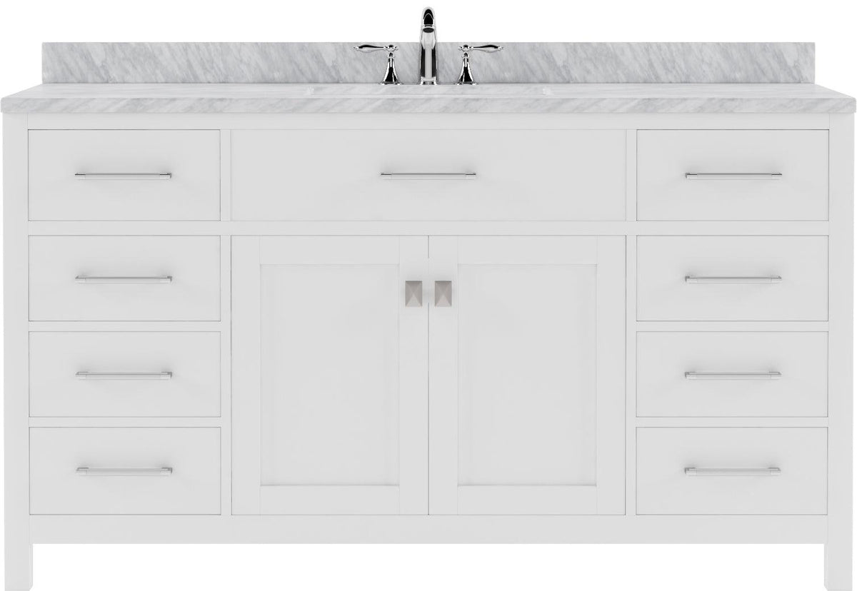 MS-2060-WMSQ-WH White Caroline 60" Single Bath Vanity Set with Italian Carrara White Marble Top & Rectangular Centered Basin