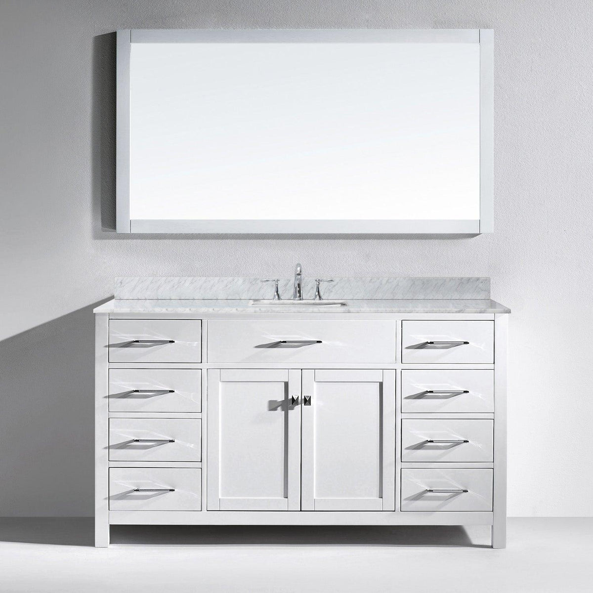 MS-2060-WMSQ-WH White Caroline 60" Single Bath Vanity Set with Italian Carrara White Marble Top & Rectangular Centered Basin, Mirror