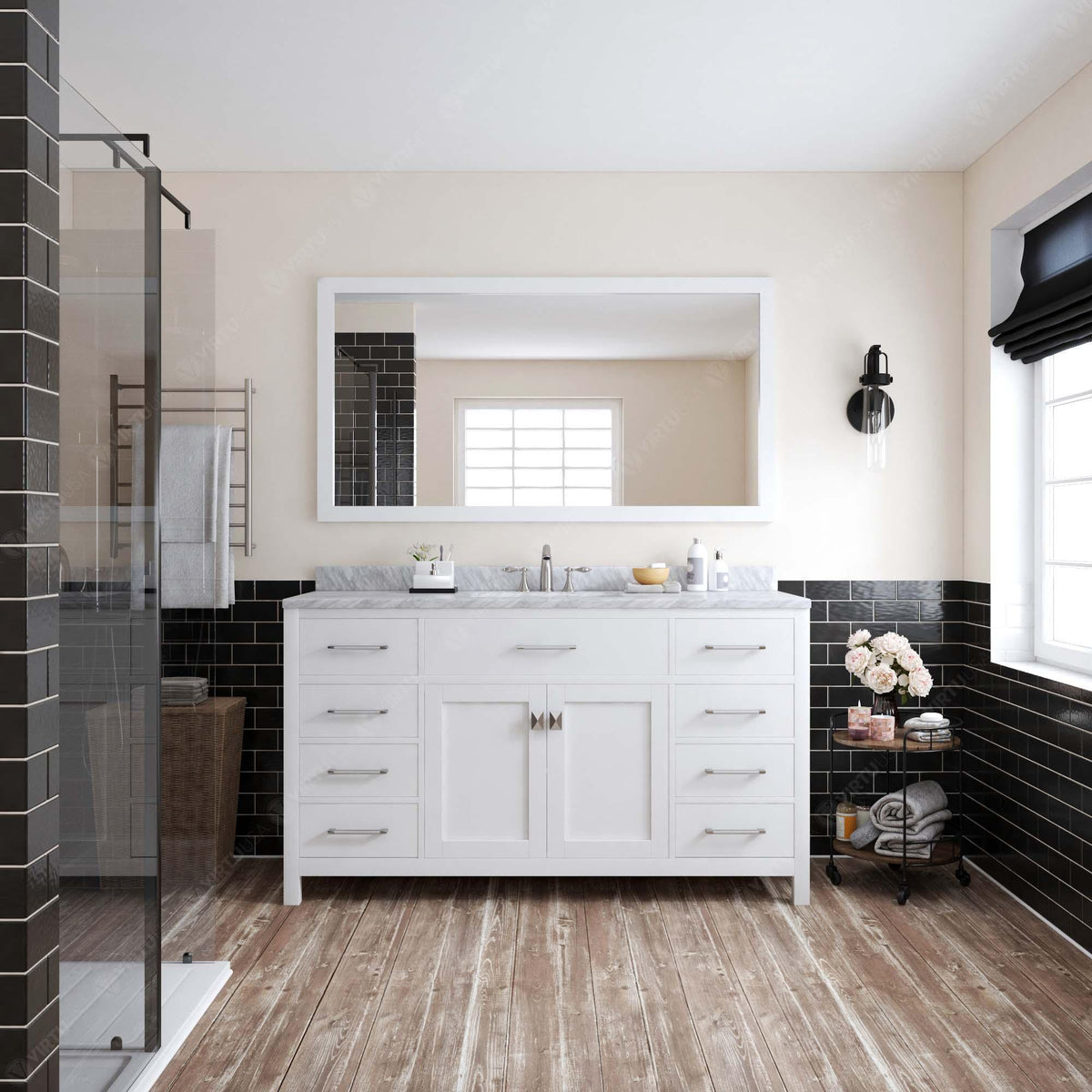 MS-2060-WMSQ-WH White Caroline 60" Single Bath Vanity Set with Italian Carrara White Marble Top & Rectangular Centered Basin, Mirror styled