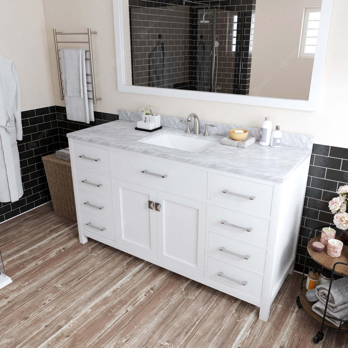 MS-2060-WMSQ-WH White Caroline 60" Single Bath Vanity Set with Italian Carrara White Marble Top & Rectangular Centered Basin, Mirror side