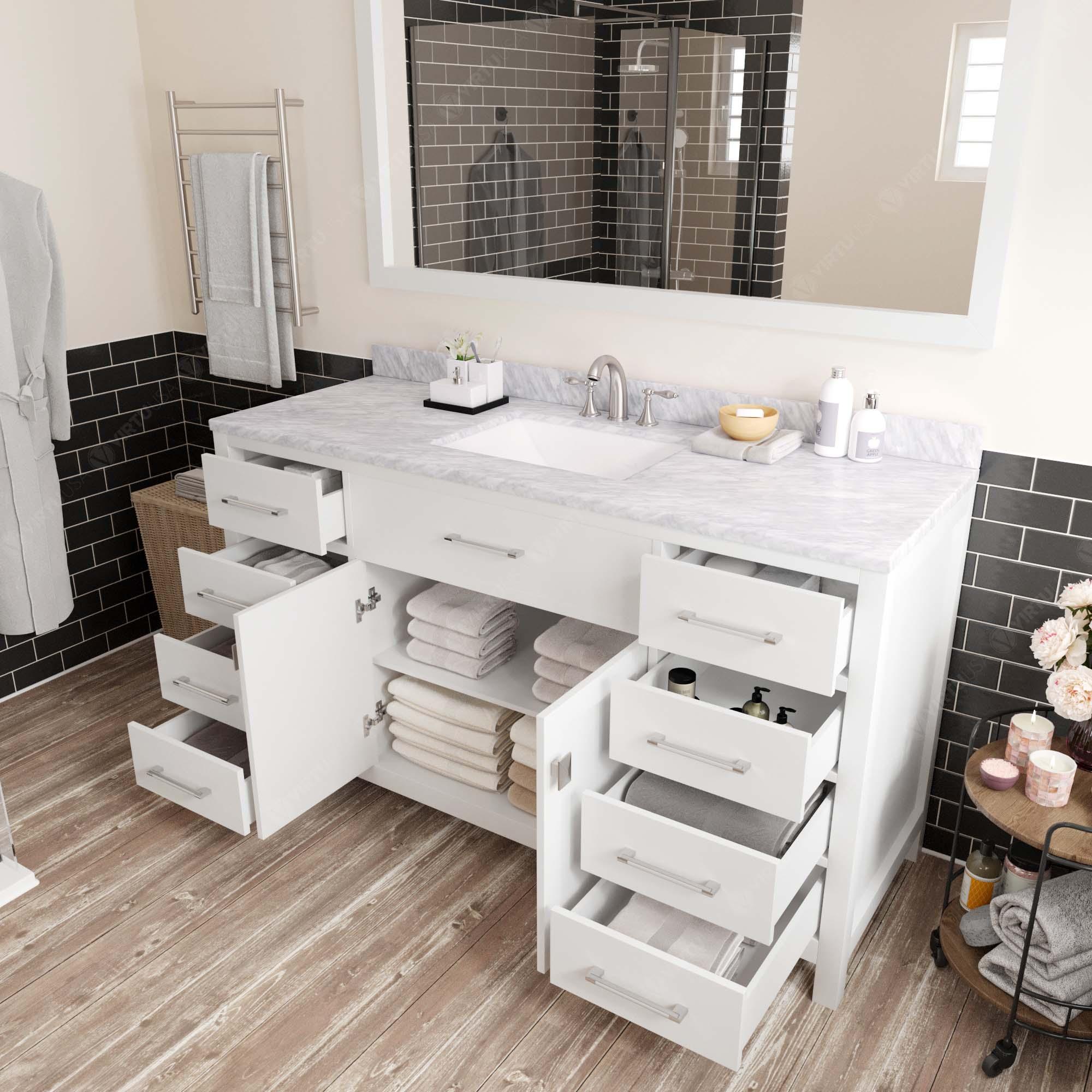 MS-2060-WMSQ-WH White Caroline 60" Single Bath Vanity Set with Italian Carrara White Marble Top & Rectangular Centered Basin, Mirror open