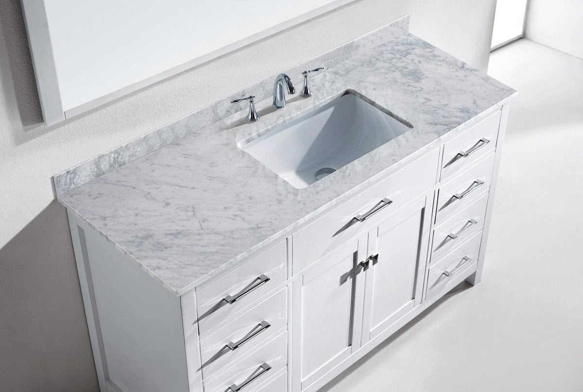 MS-2060-WMSQ-WH White Caroline 60" Single Bath Vanity Set with Italian Carrara White Marble Top & Rectangular Centered Basin, Mirror up