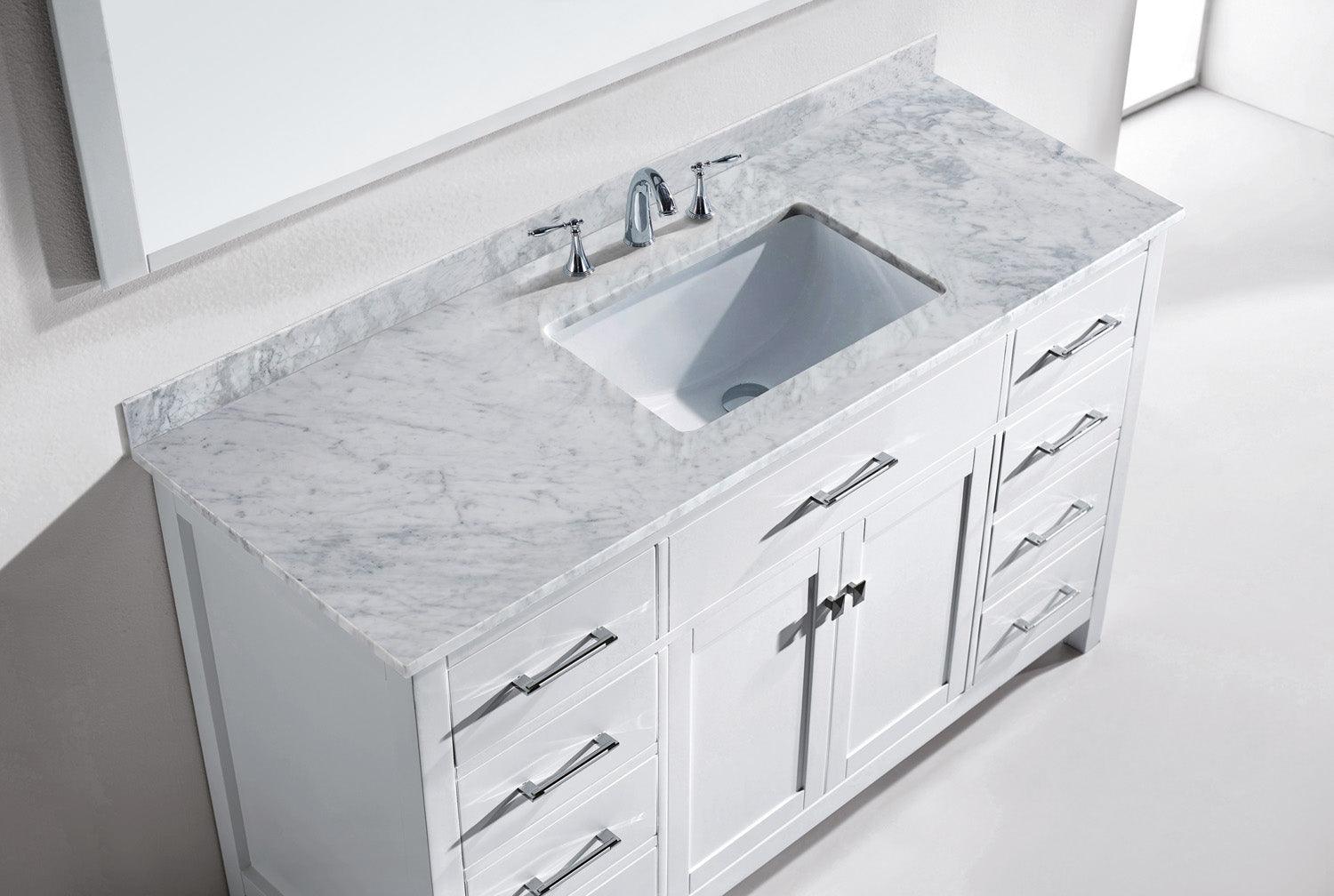 MS-2060-WMSQ-WH White Caroline 60" Single Bath Vanity Set with Italian Carrara White Marble Top & Rectangular Centered Basin, Mirror up