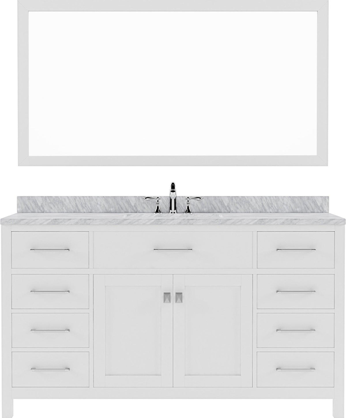 MS-2060-WMSQ-WH White Caroline 60" Single Bath Vanity Set with Italian Carrara White Marble Top & Rectangular Centered Basin, Mirror