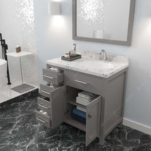 Load image into Gallery viewer, MS-2136L-CMRO-CG Cashmere Gray Caroline Parkway 36&quot; Single Bath Vanity Set with Cultured Marble Quartz Top &amp; Oval Right Offset Basin, Mirror open