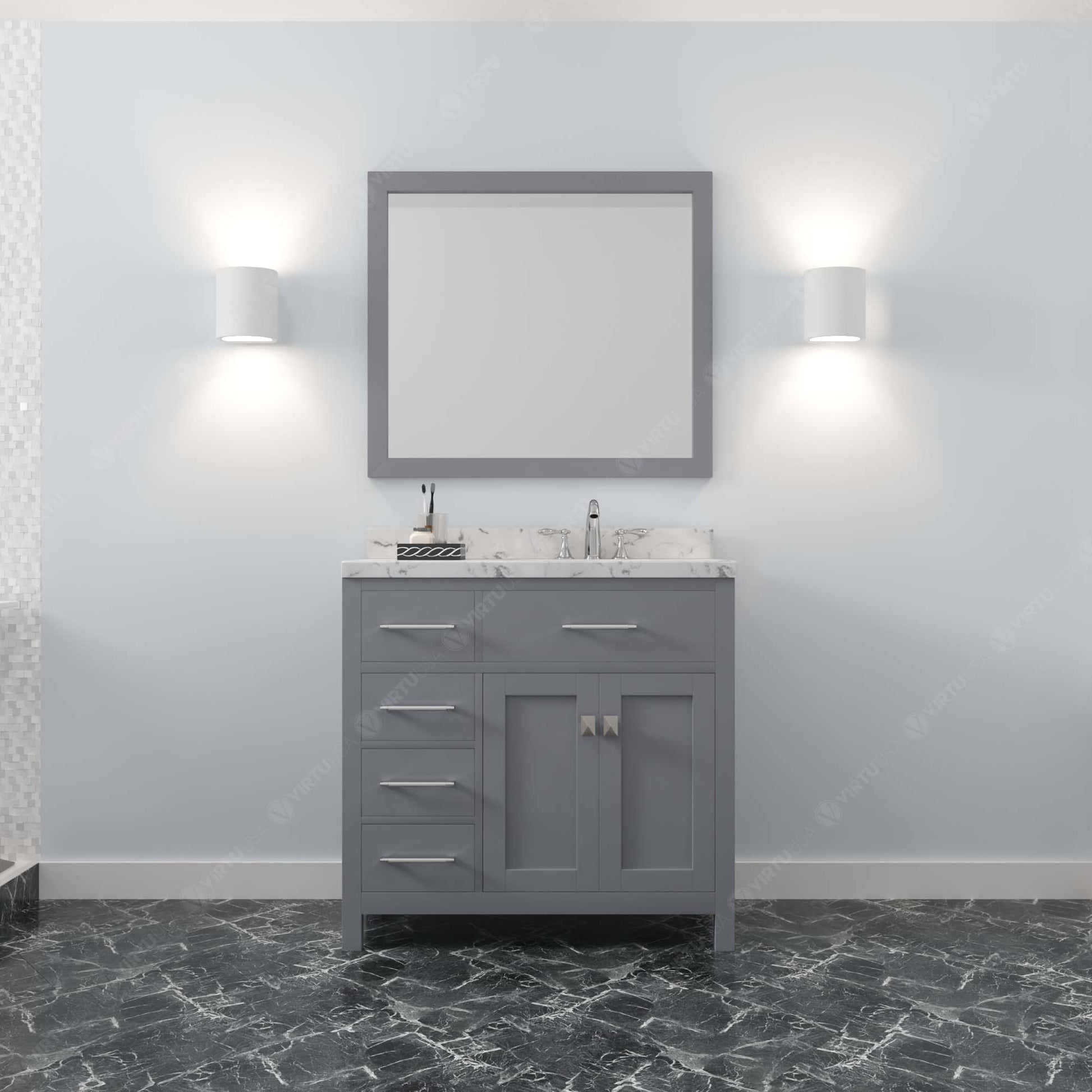 MS-2136L-CMRO-GR Gray Caroline Parkway 36" Single Bath Vanity Set with Cultured Marble Quartz Top & Oval Right Offset Basin, Mirror