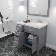 Load image into Gallery viewer, MS-2136L-CMRO-GR Gray Caroline Parkway 36&quot; Single Bath Vanity Set with Cultured Marble Quartz Top &amp; Oval Right Offset Basin, Mirror open
