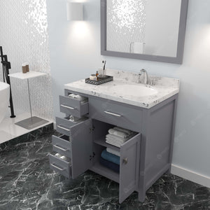 MS-2136L-CMRO-GR Gray Caroline Parkway 36" Single Bath Vanity Set with Cultured Marble Quartz Top & Oval Right Offset Basin, Mirror open