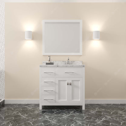 MS-2136L-CMRO-WH White  Caroline Parkway 36" Single Bath Vanity Set with Cultured Marble Quartz Top & Oval Right Offset Basin, Mirror