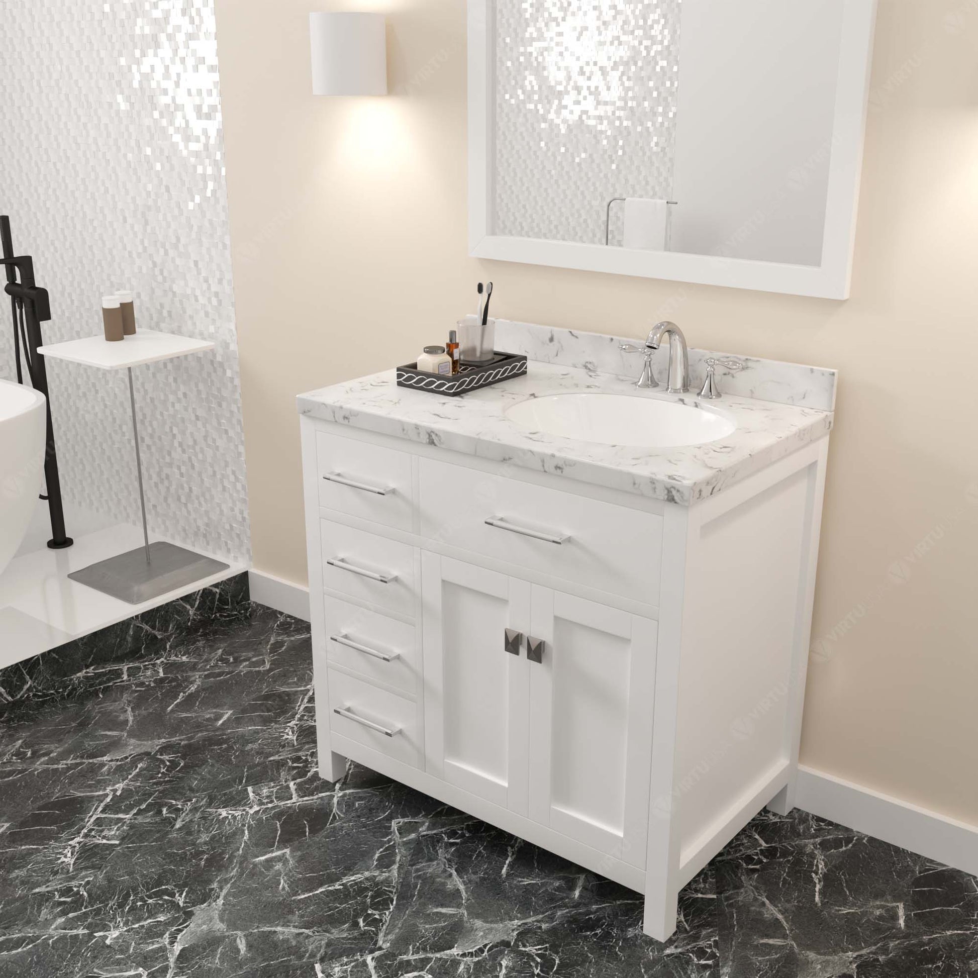 MS-2136L-CMRO-WH White  Caroline Parkway 36" Single Bath Vanity Set with Cultured Marble Quartz Top & Oval Right Offset Basin, Mirror side