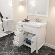 Load image into Gallery viewer, MS-2136L-CMRO-WH White  Caroline Parkway 36&quot; Single Bath Vanity Set with Cultured Marble Quartz Top &amp; Oval Right Offset Basin, Mirror open