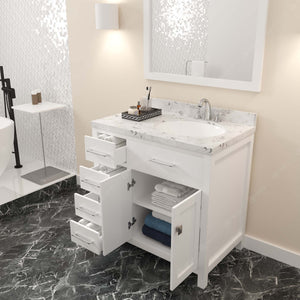 MS-2136L-CMRO-WH White  Caroline Parkway 36" Single Bath Vanity Set with Cultured Marble Quartz Top & Oval Right Offset Basin, Mirror open