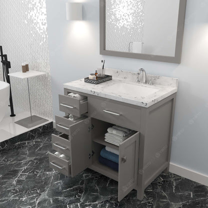 MS-2136L-CMSQ-CG cashmere Gray Caroline Parkway 36" Single Bath Vanity Set with Cultured Marble Quartz Top & Rectangular Right Offset Basin, mirror open