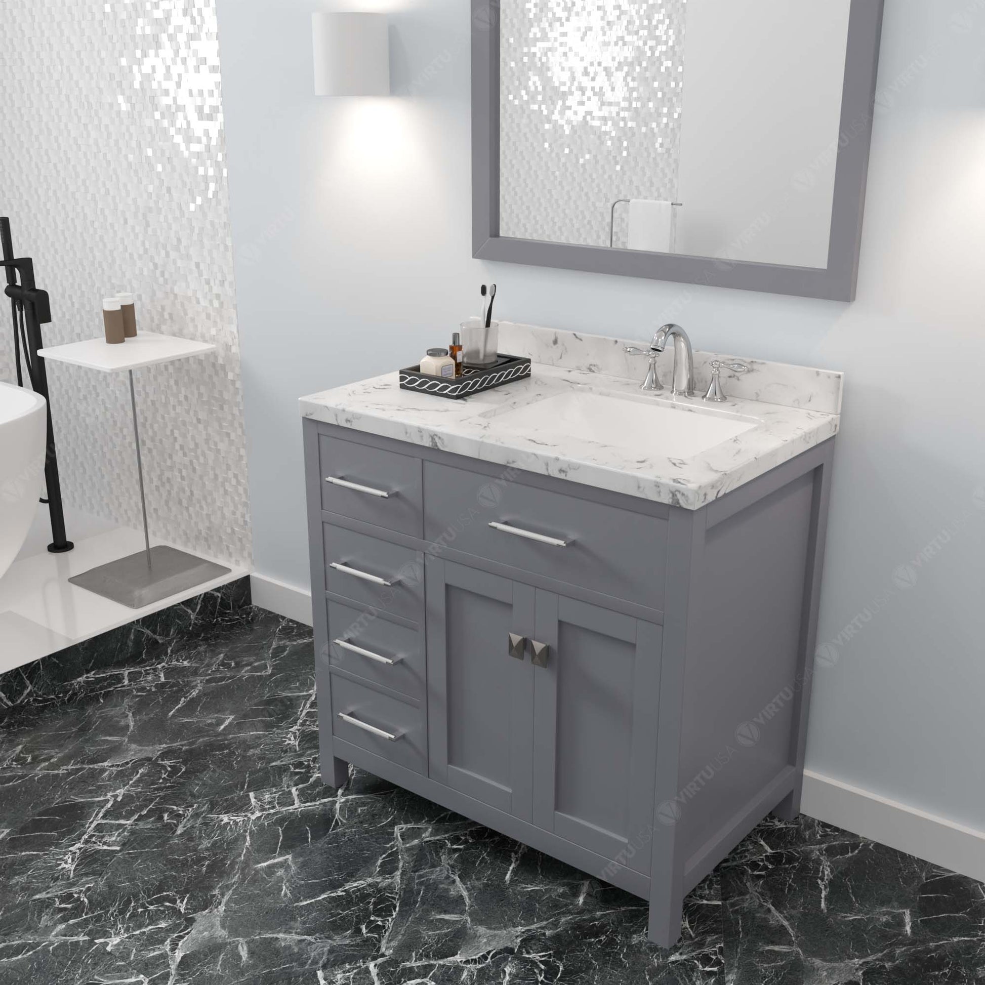 MS-2136L-CMSQ-GR Gray  Caroline Parkway 36" Single Bath Vanity Set with Cultured Marble Quartz Top & Rectangular Right Offset Basin, mirror side