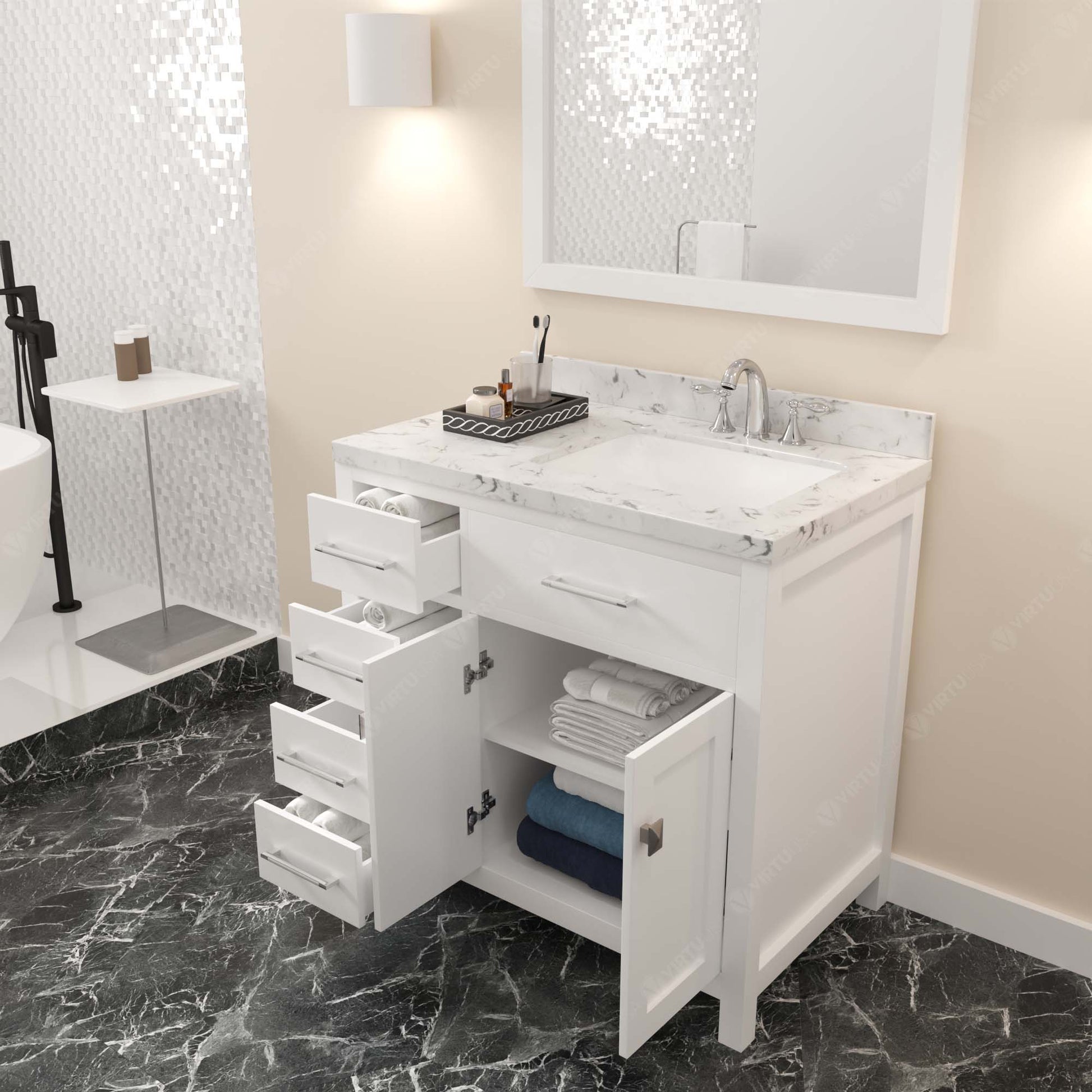 MS-2136L-CMSQ-WH White Caroline Parkway 36" Single Bath Vanity Set with Cultured Marble Quartz Top & Rectangular Right Offset Basin, mirror open