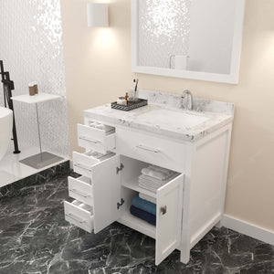 MS-2136L-CMSQ-WH White Caroline Parkway 36" Single Bath Vanity Set with Cultured Marble Quartz Top & Rectangular Right Offset Basin, mirror open