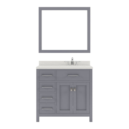 MS-2136L-DWQRO-GR Gray Caroline Parkway 36" Single Bath Vanity Set with Dazzle White Quartz Top & Oval Right Offset Basin, mirror