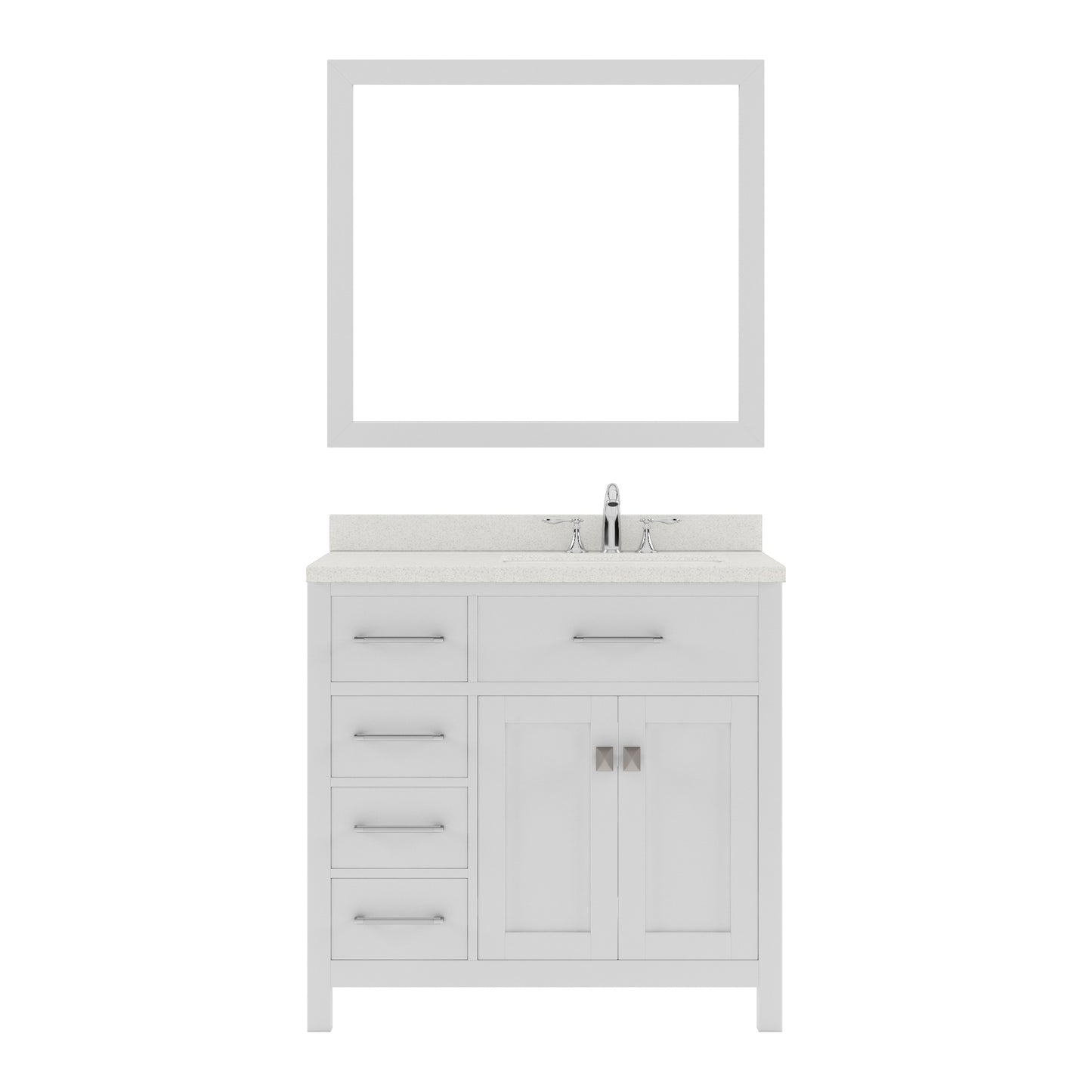 MS-2136L-DWQRO-WH White Caroline Parkway 36" Single Bath Vanity Set with Dazzle White Quartz Top & Oval Right Offset Basin, mirror