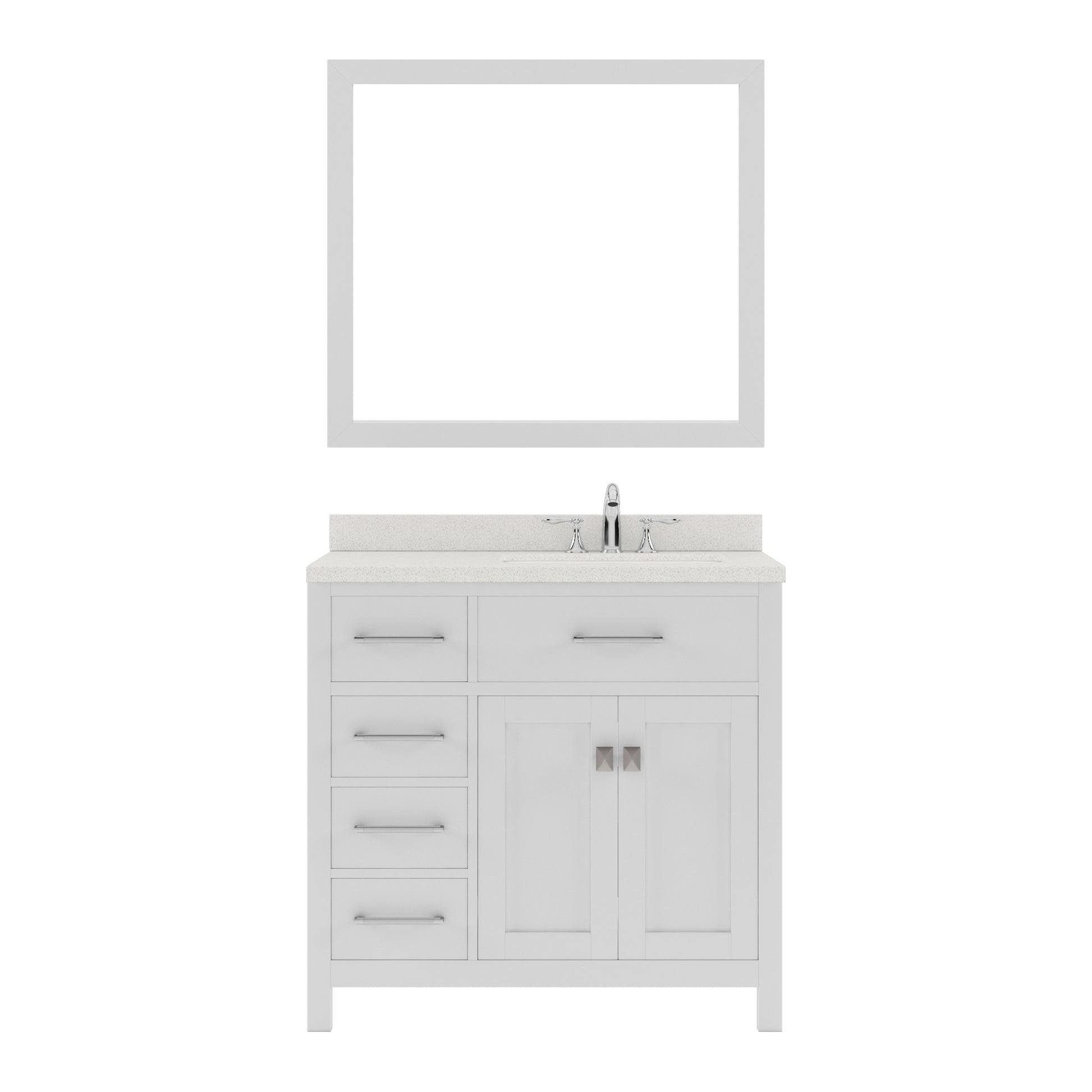 MS-2136L-DWQSQ-WH White Caroline Parkway 36" Single Bath Vanity Set with Dazzle White Quartz Top & Rectangular Right Offset Basin, Mirror