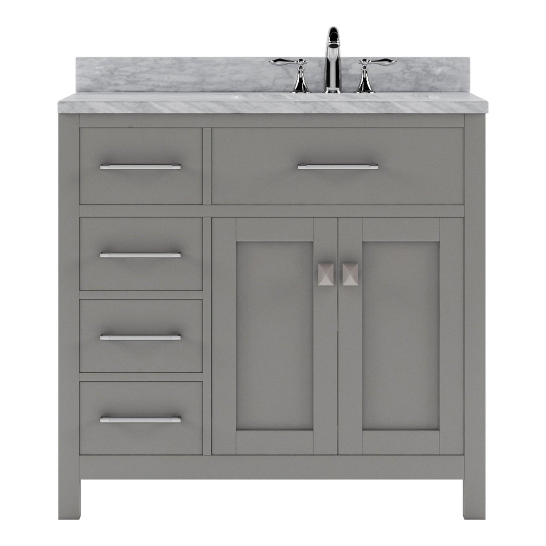 MS-2136L-WMSQ-CG_ Cashmere Gray Caroline Parkway 36" Single Bath Vanity Set with Italian Carrara White Marble Top & Rectangular Right Offset Basin, Mirror