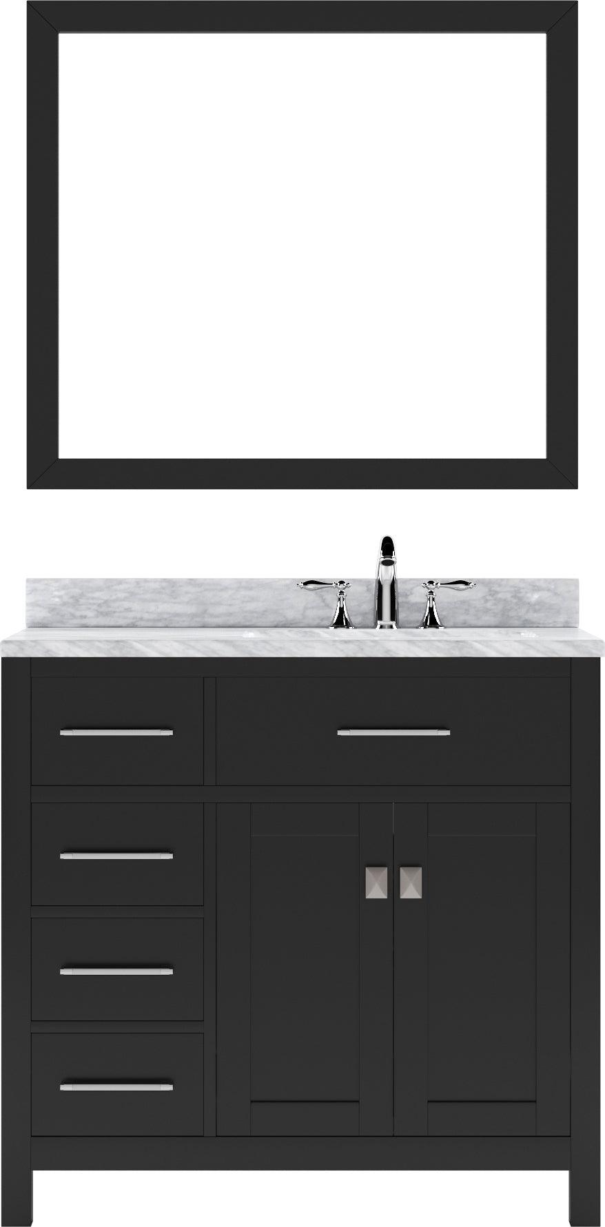 MS-2136L-WMSQ-ES Espresso Caroline Parkway 36" Single Bath Vanity Set with Italian Carrara White Marble Top & Rectangular Right Offset Basin, Mirror