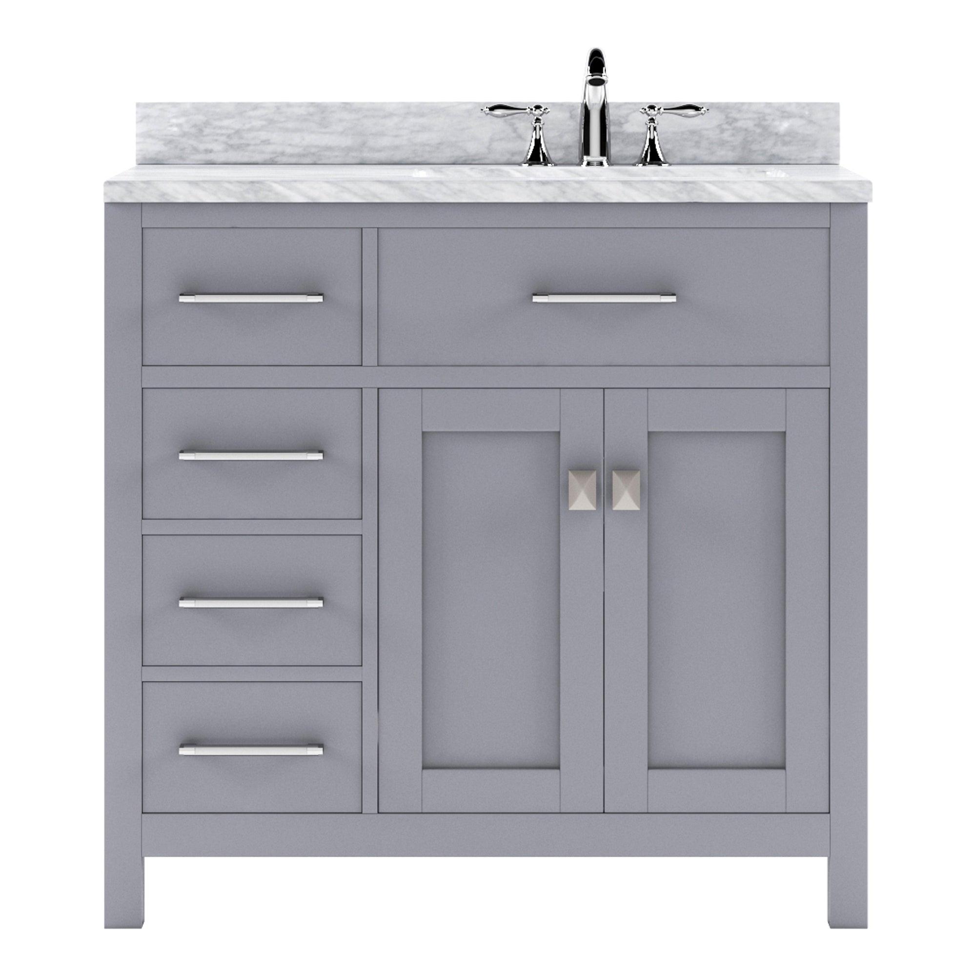 MS-2136L-WMSQ-GR Gray Caroline Parkway 36" Single Bath Vanity Set with Italian Carrara White Marble Top & Rectangular Right Offset Basin
