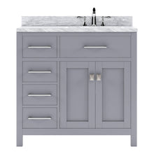 Load image into Gallery viewer, MS-2136L-WMSQ-GR Gray Caroline Parkway 36&quot; Single Bath Vanity Set with Italian Carrara White Marble Top &amp; Rectangular Right Offset Basin