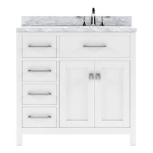 Load image into Gallery viewer, MS-2136L-WMSQ-WH White  Caroline Parkway 36&quot; Single Bath Vanity Set with Italian Carrara White Marble Top &amp; Rectangular Right Offset Basin