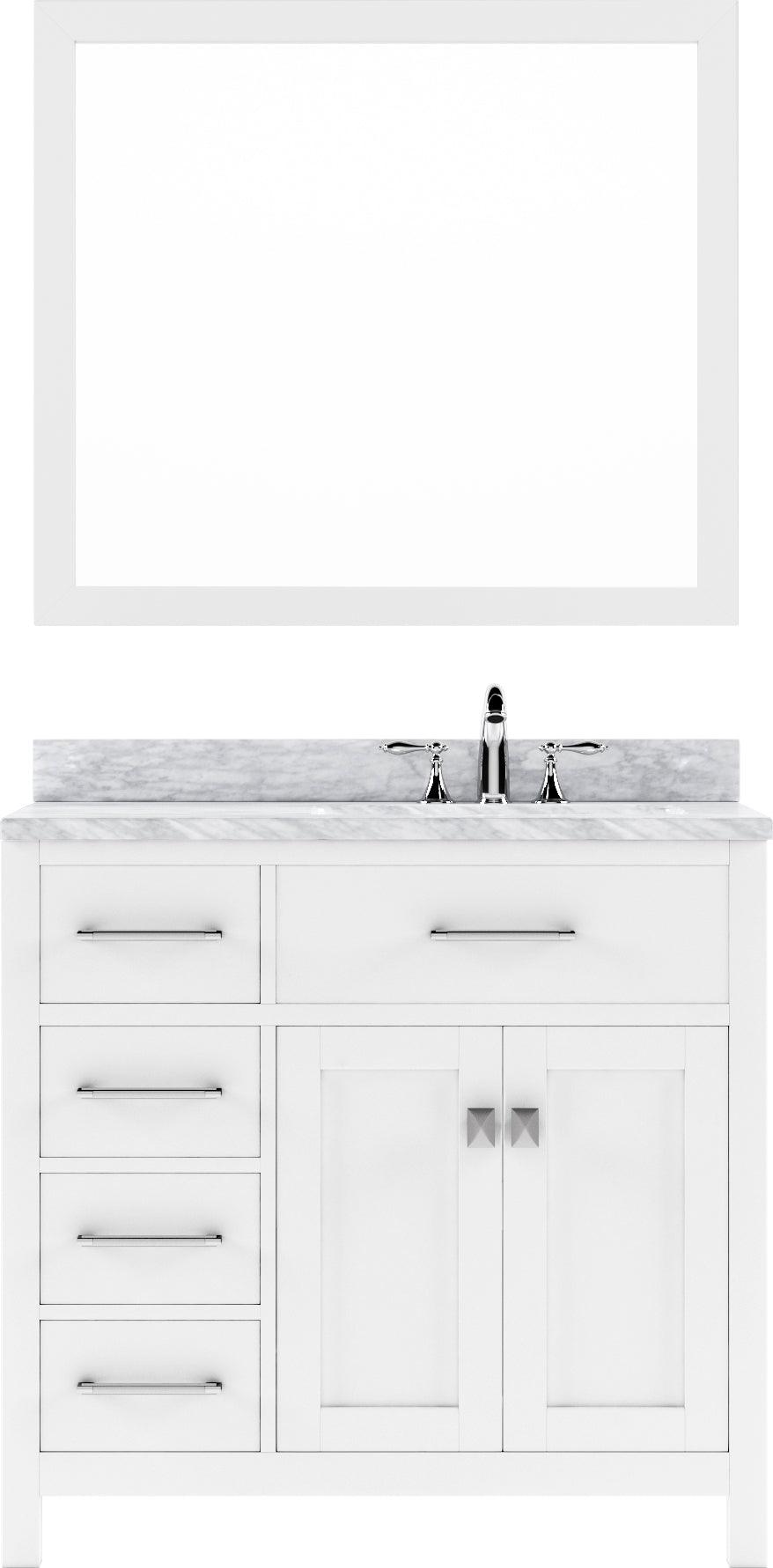 MS-2136L-WMSQ-WH White  Caroline Parkway 36" Single Bath Vanity Set with Italian Carrara White Marble Top & Rectangular Right Offset Basin, Mirror