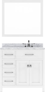 MS-2136L-WMSQ-WH White  Caroline Parkway 36" Single Bath Vanity Set with Italian Carrara White Marble Top & Rectangular Right Offset Basin, Mirror