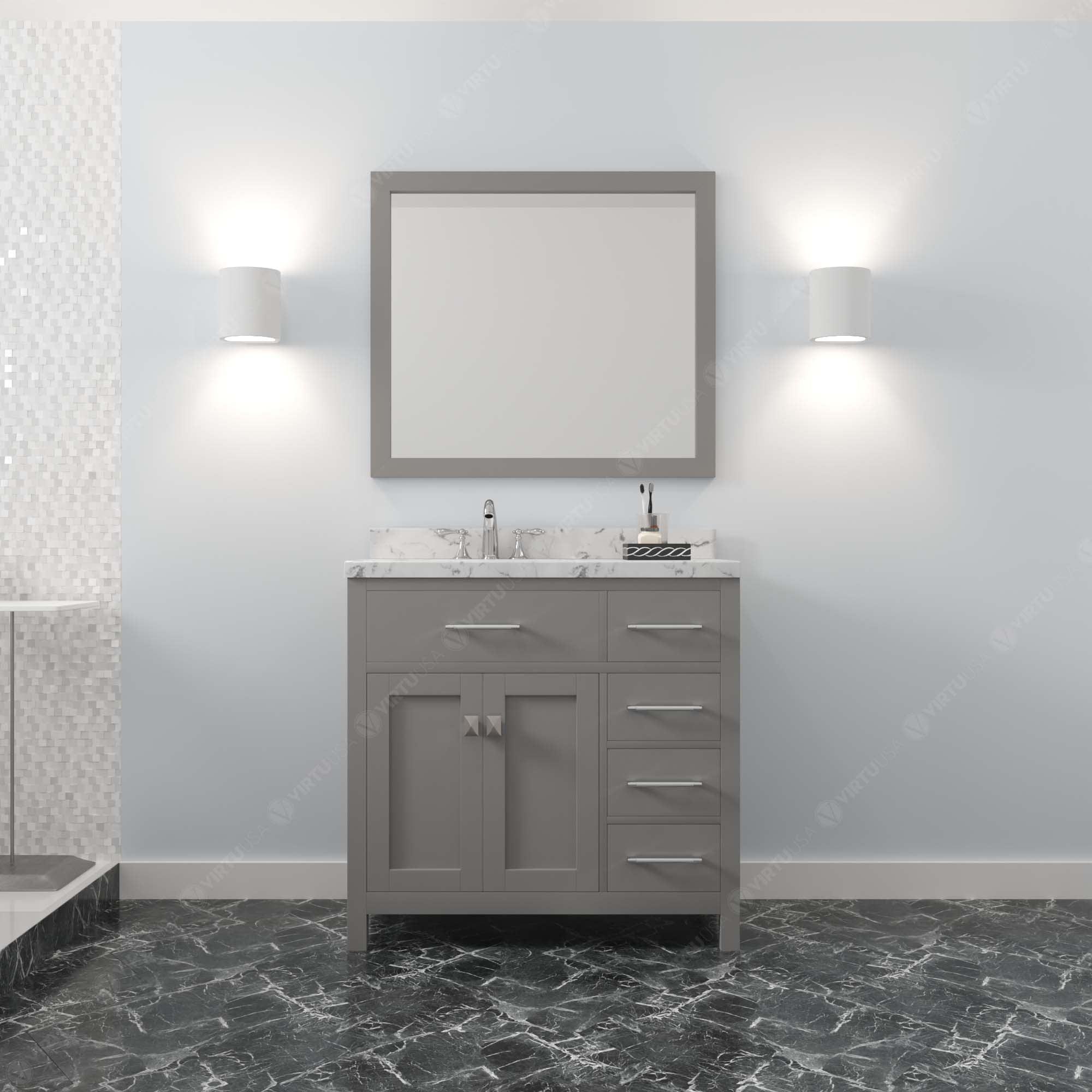 Caroline Parkway 36" Single Bath Vanity Set with Cultured Marble Quartz Top & Oval Left Offset Basin
