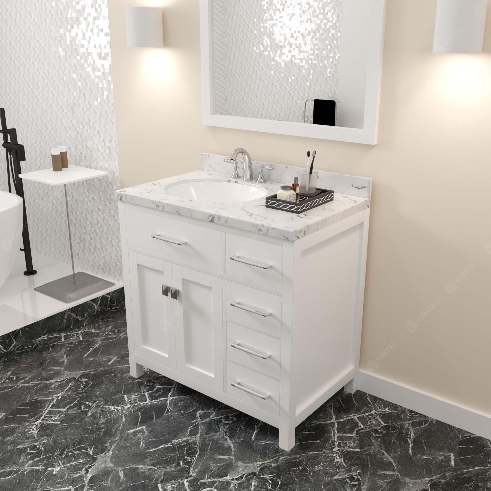 Caroline Parkway 36" Single Bath Vanity Set with Cultured Marble Quartz Top & Oval Left Offset Basin