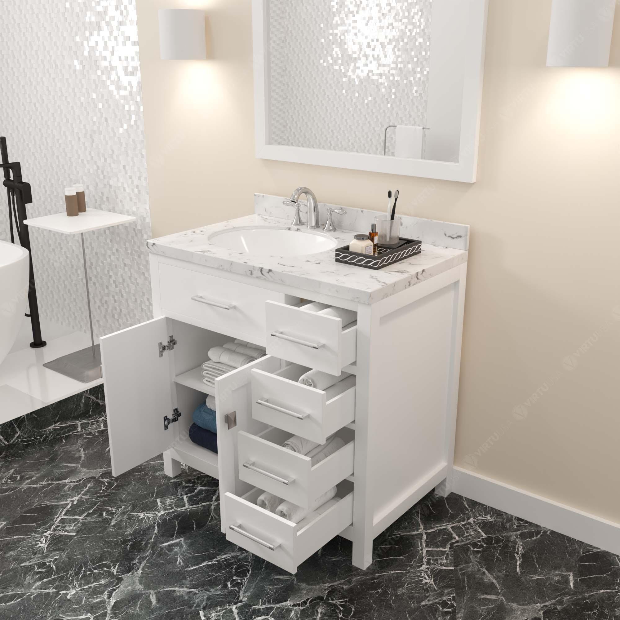Caroline Parkway 36" Single Bath Vanity Set with Cultured Marble Quartz Top & Oval Left Offset Basin