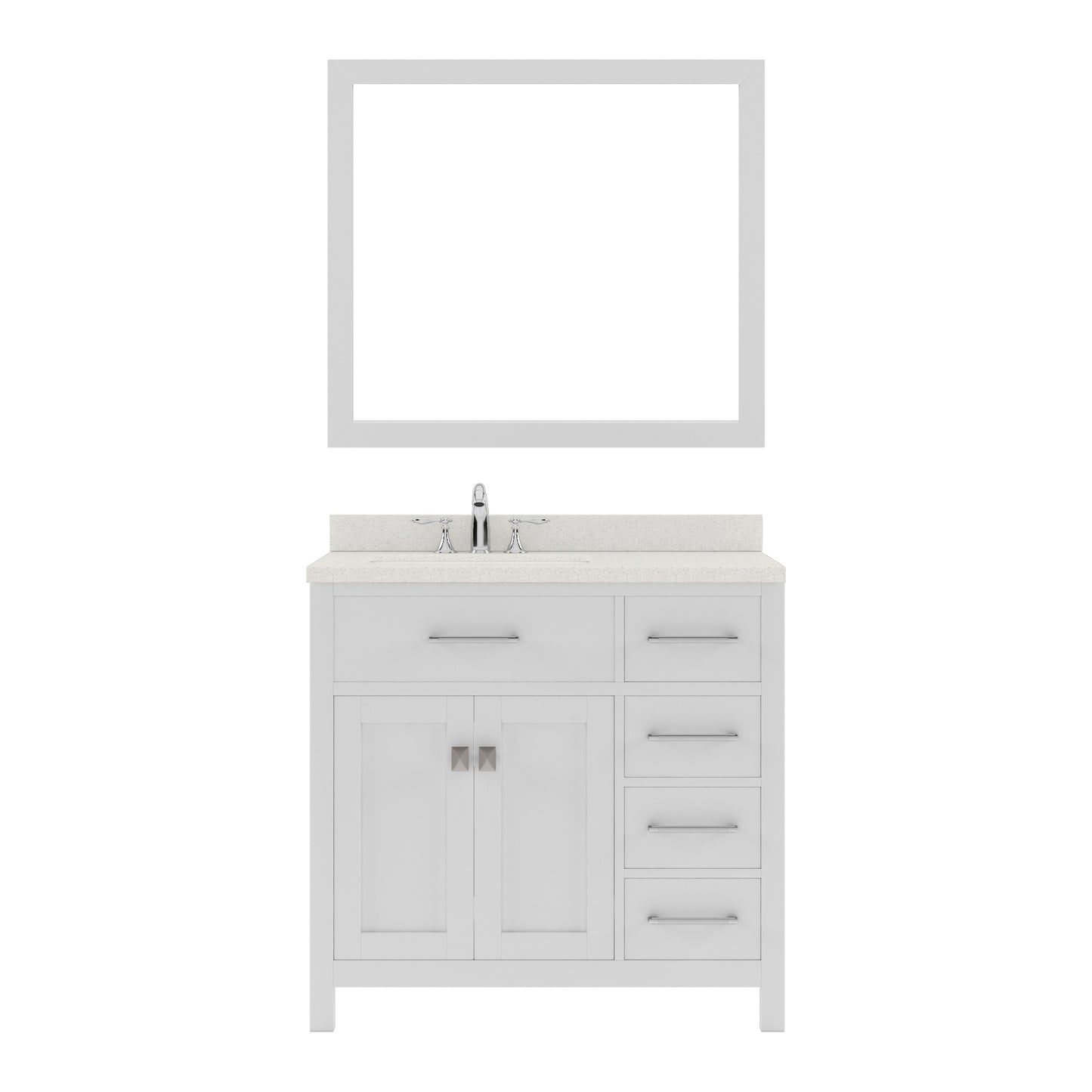 MS-2136R-DWQSQ-WH White Caroline Parkway 36" Single Bath Vanity Set with Dazzle White Quartz Top & Rectangular Left Offset Basin, Mirror