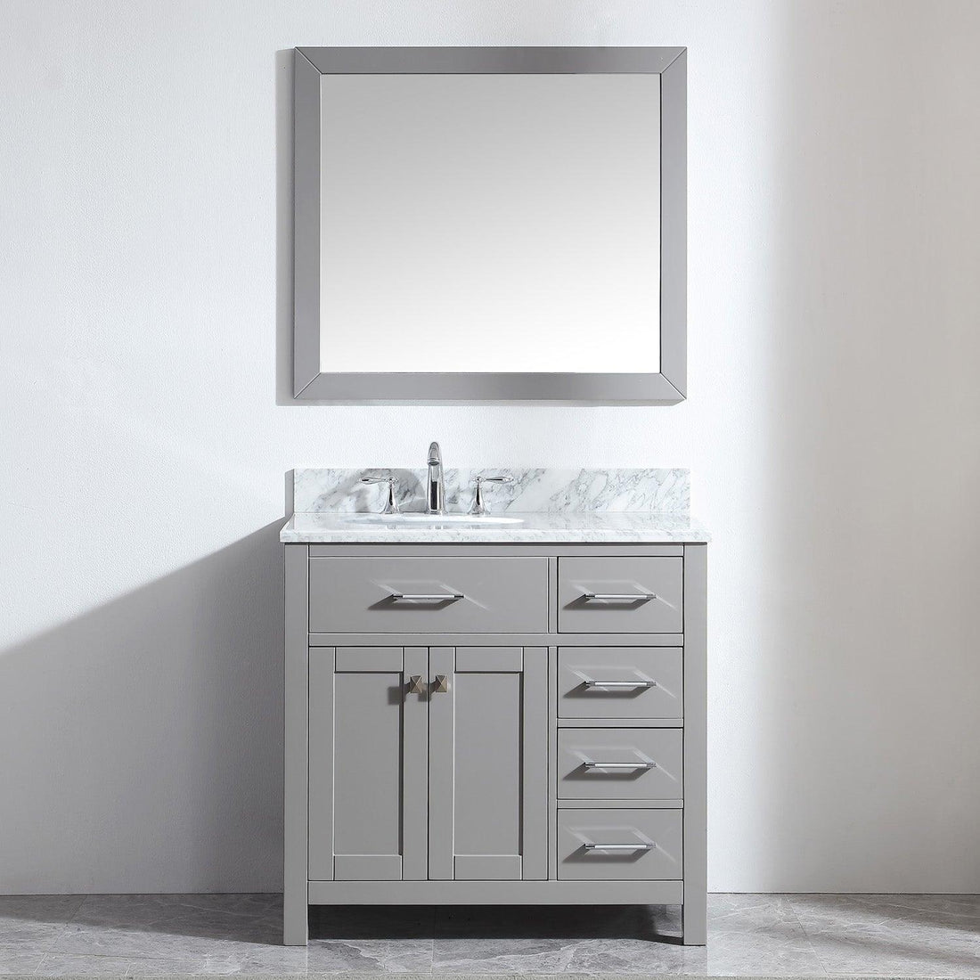 MS-2136R-WMRO-CG Cashmere Gray Caroline Parkway 36" Single Bath Vanity Set with Italian Carrara White Marble Top & Oval Left Offset Basin, Mirror