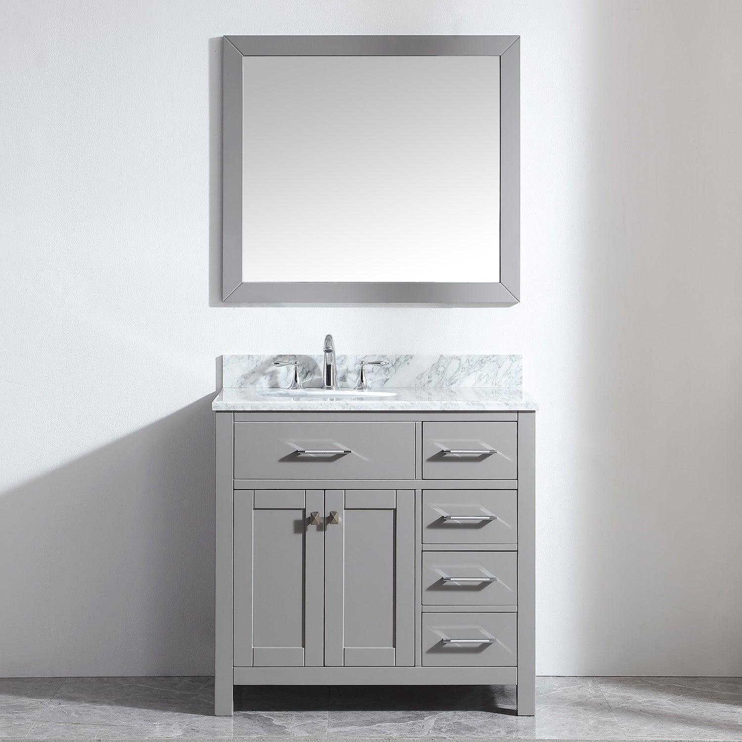 MS-2136R-WMRO-CG Cashmere Gray Caroline Parkway 36" Single Bath Vanity Set with Italian Carrara White Marble Top & Oval Left Offset Basin, Mirror