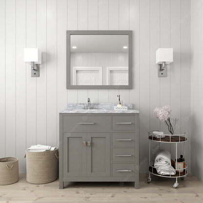 MS-2136R-WMRO-CG Cashmere Gray Caroline Parkway 36" Single Bath Vanity Set with Italian Carrara White Marble Top & Oval Left Offset Basin, Mirror styled 