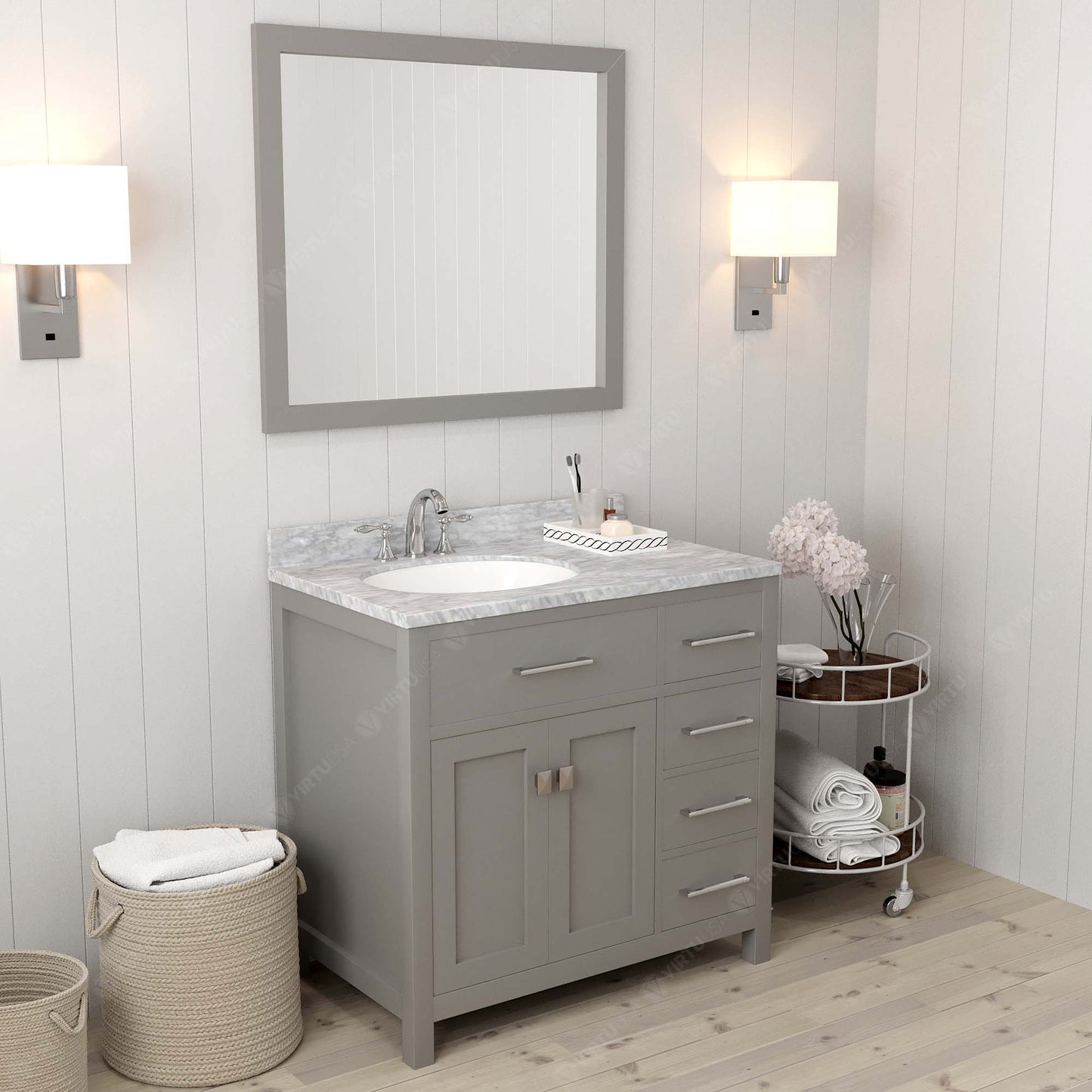 MS-2136R-WMRO-CG Cashmere Gray Caroline Parkway 36" Single Bath Vanity Set with Italian Carrara White Marble Top & Oval Left Offset Basin, Mirror side